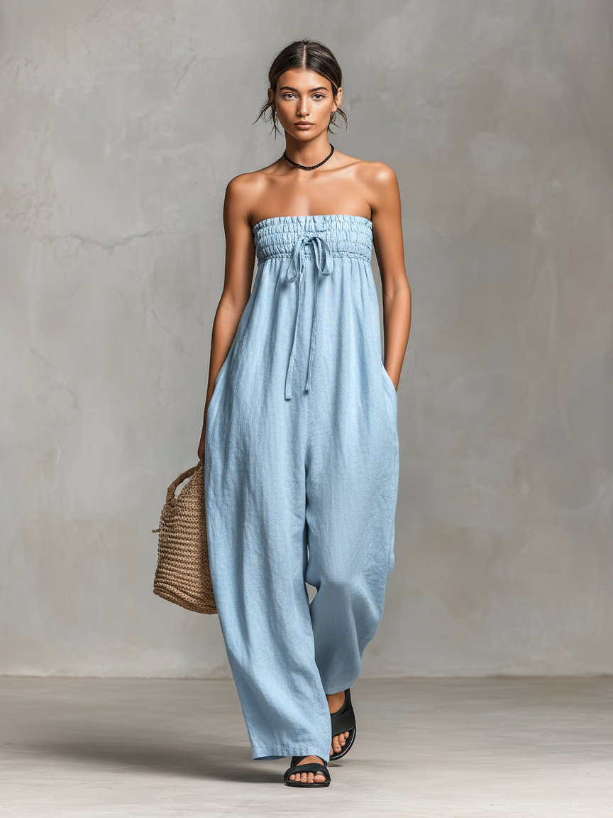 Women's Minimalist Loose-fitting Linen Blend Strapless Jumpsuit With Tie Closure MDZ2024A9Y
