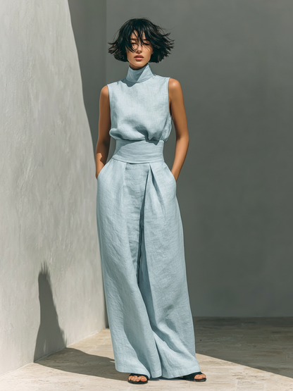Women's Minimalist Cotton And Linen Blend Sleeveless Blouse And Wide-leg Pants Set MDZ0873A5Y
