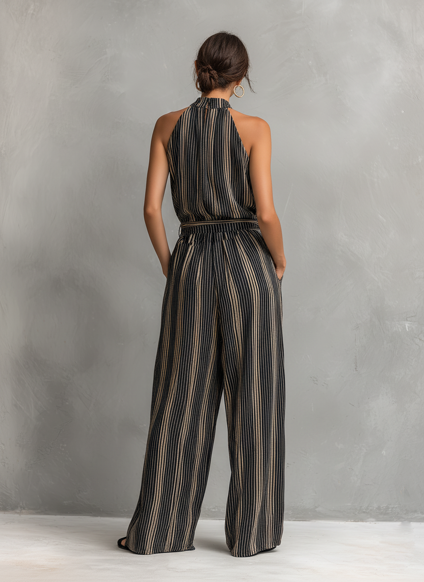Women's Elegant Striped Printed Woven Round Neck Sleeveless Top Paired With Trousers Set MDZ2706B5AN