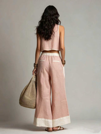 Women's Casual Light Pink V-Neck Sleeveless Top And Trousers Set MDZ2520C4AN