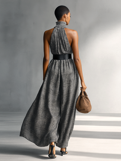 Women's Plaid High Collar Sleeveless Belted Maxi Dress MDA1002G2Y