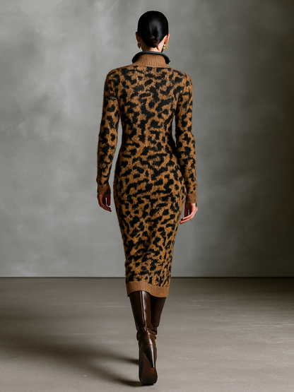 Women's Fashion Leopard Jacquard Knit Zipper Neck Midi Dress MDA2579H3Y