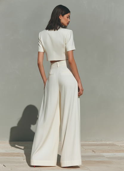 Women's Ivory Linen-Blend Two-Piece Set With Cropped Blazer & Pleated Wide-Leg Pants, Modern Power-Suit Style Outfit MDZ1500D5LYL