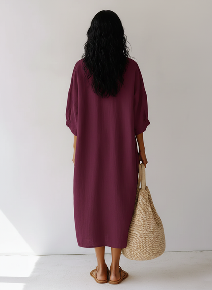 Women's Plum Linen-Blend Tunic Dress With Split Neck & Roll-Up Sleeves, Timeless Casual-Resort Style Dress MDZ1528D1LYL