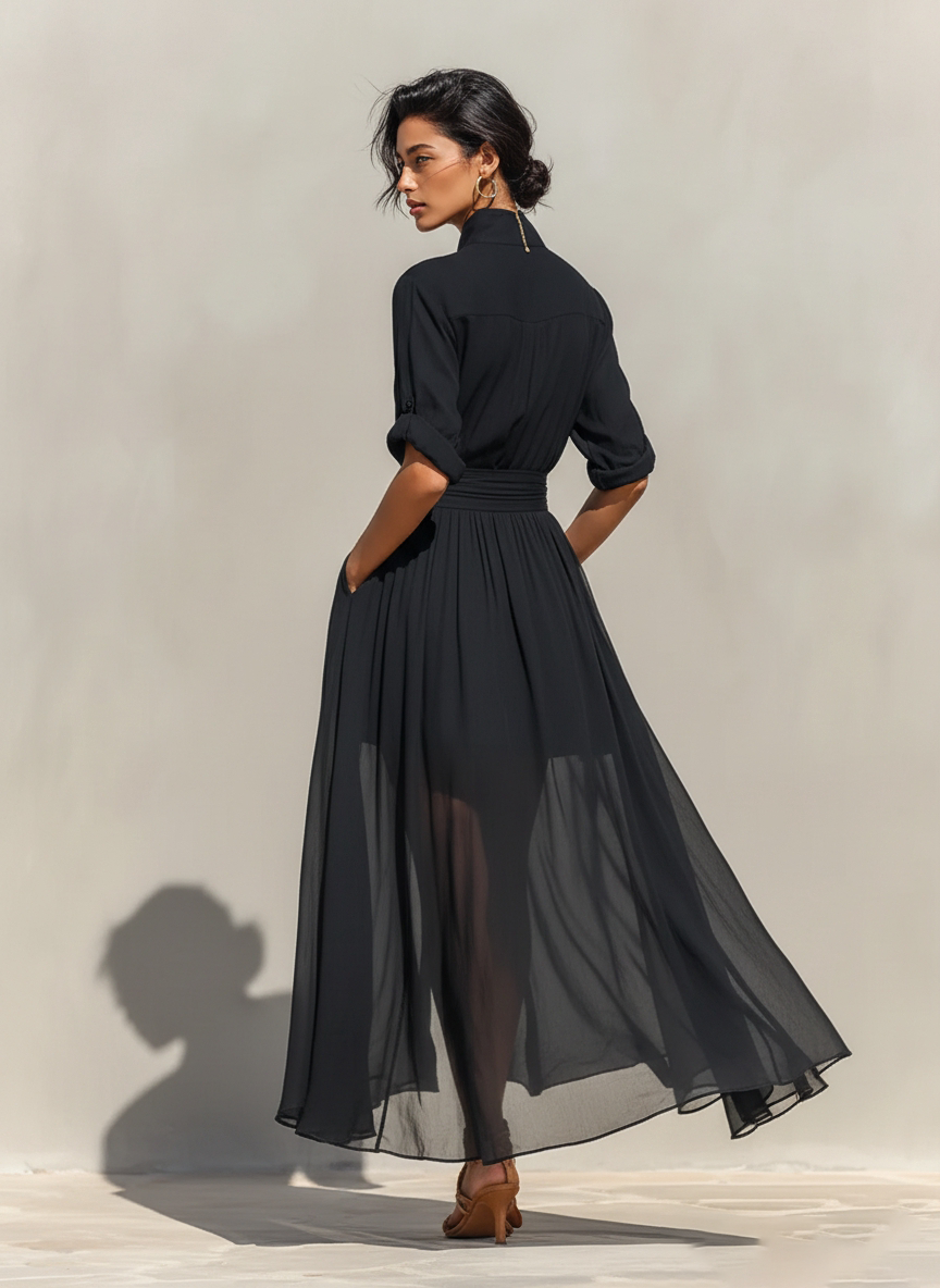 Women's Black Flowy Rayon Dress With Sheer Overlay & Elasticated Waist, Modern Sophisticated-Resort Style Dress MDZ1863C5I