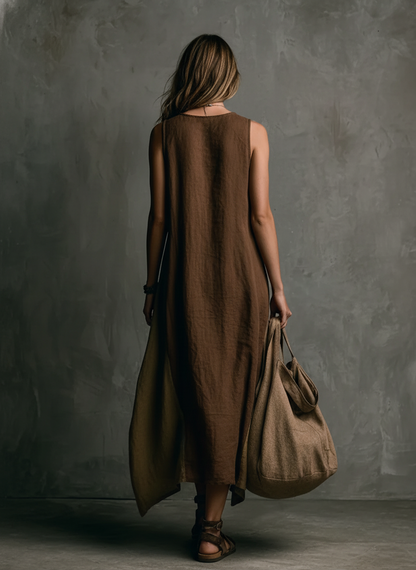 Women's Casual Brown And Khaki Cotton-Linen Patchwork V-Neck Sleeveless Asymmetrical Long Dress MDZ2290D1GMJ