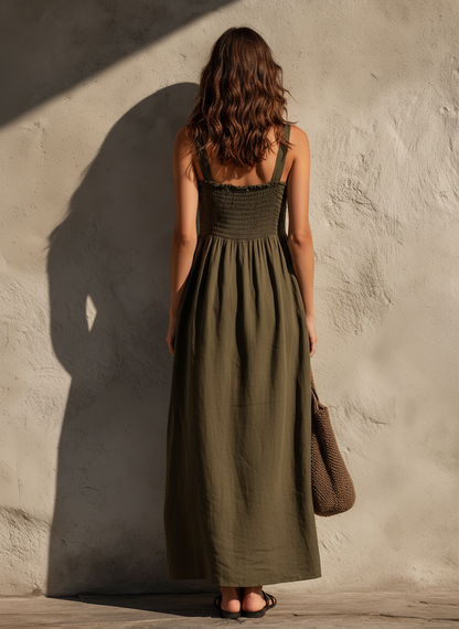 Women's Casual Olive Green Cotton-Linen Maxi Dress ¡ª Square Neck, Sleeveless MDZ2308D5LXY