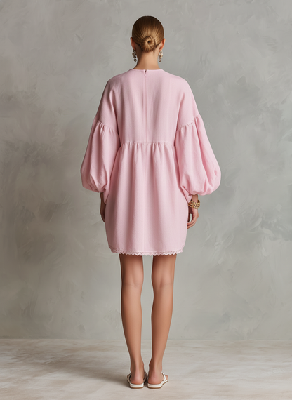 Women's Casual Light Pink Cotton-Linen Mini Dress ¡ª V-Neck, Embroidered, Long Puff Sleeves MDZ2321D2LXY