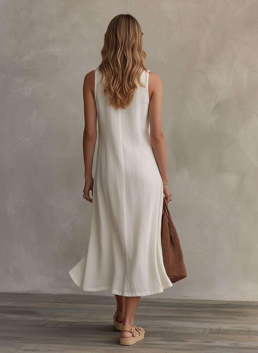 Women's Casual Sleeveless Maxi Dress In Ecru Cotton-Linen Blend MDZ2389D5LXY
