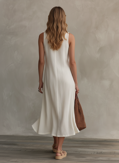Women's Casual Sleeveless Maxi Dress In Ecru Cotton-Linen Blend MDZ2389D5LXY