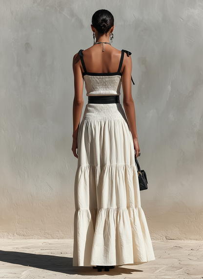 Women's Cream Linen-Blend Two-Piece Set With Smocked Top & Tiered Maxi Skirt, Timeless Boho-Chic Summer Outfit (without Belt) MDZ2526D3LYL