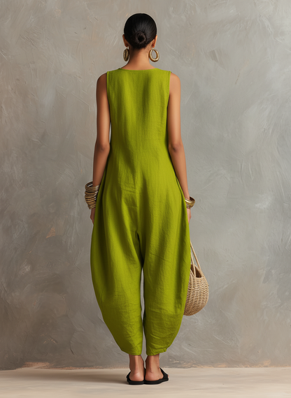 Women's Minimalist Loose-Fit Linen-Blend Sleeveless Jumpsuit With Asymmetrical Buttons MDZ2567D3Y