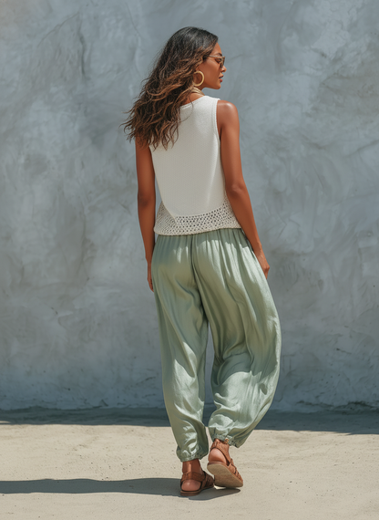 Women's Minimalist Mesh-Knit Tank Top And Faux-Acetate Balloon Pants Set MDZ2710C0Y