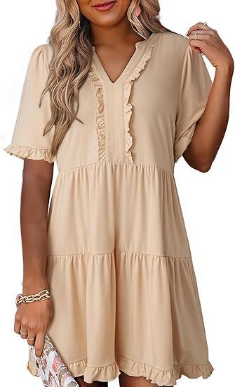 🔥🌈2026 Summer Hot Sale 49% OFF🌈Women's V Neck Ruffle Casual A-Line Flowy Swing Shift Dress