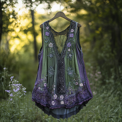 Boho Lavender Lace Art Linen Lace Patchwork Art  Sleeveless Tank Top f8ba