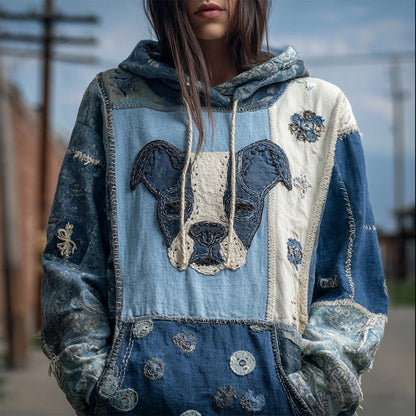 Cute Dog Boho Floral Embroidered Patchwork Washed Hoodie