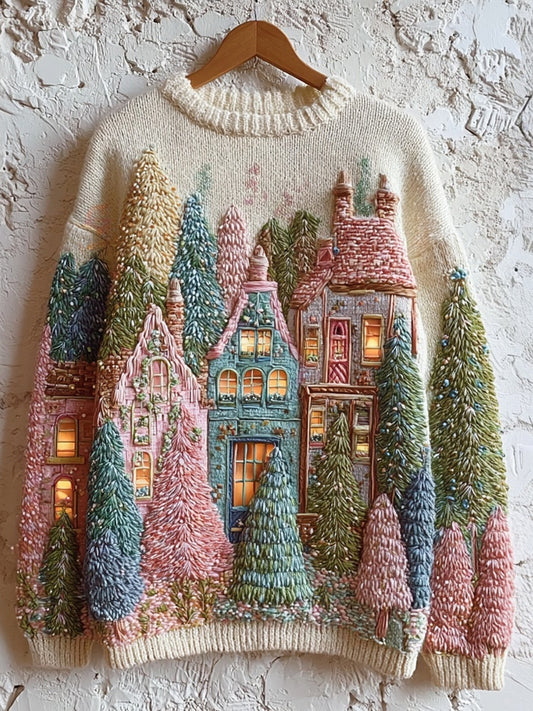 Vintage Christmas Cottage Embroidered Cozy Knit Sweater