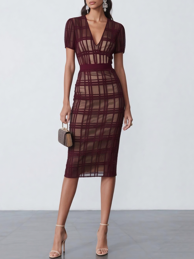 Black Organza Plaid Classic V Neck Short Sleeve Sheath Midi Dress
