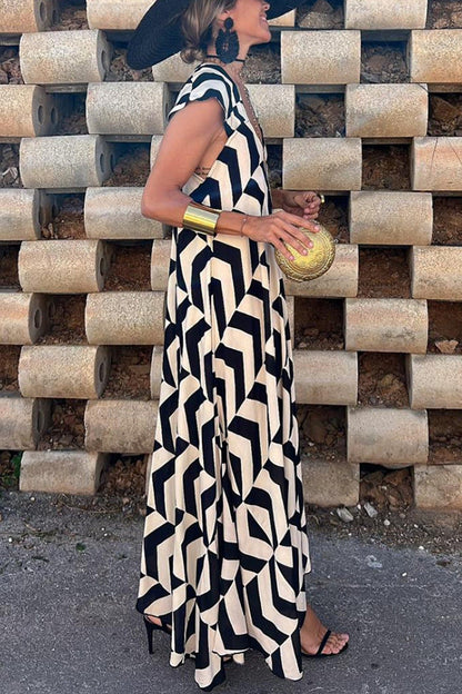 Geometric Print V-Neck Maxi Dress
