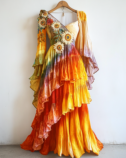 Rainbow Linen Ruffle Daisy Embroidery Irregular Dress 4d6d