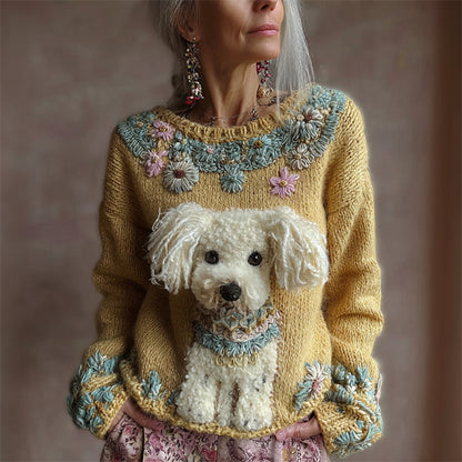 Vintage Fuzzy Dog Boho Floral Embroidered Cozy Knit Sweater