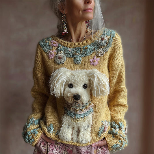 Vintage Fuzzy Dog Boho Floral Embroidered Cozy Knit Sweater