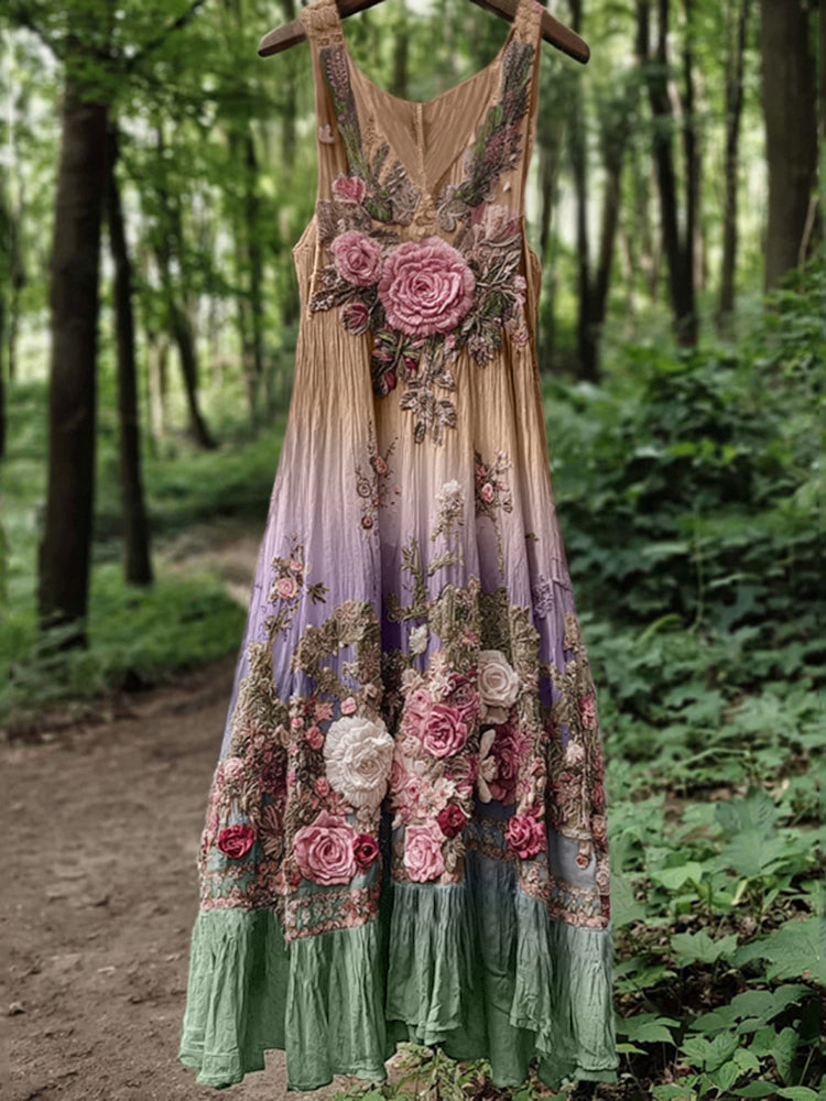 Vintage Classy Boho Gradient Pink Roses Embroidered Linen Maxi Dress 3fee