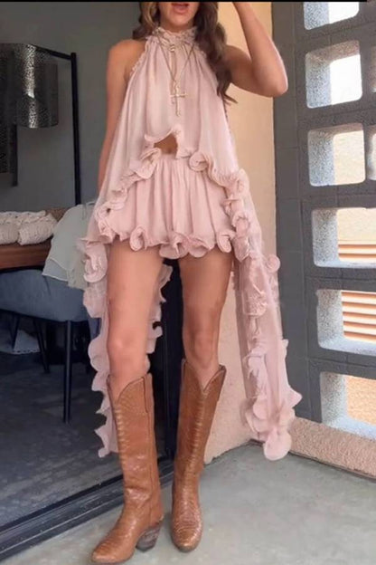Delicate Romantic Drama Chiffon Wavy Ruffles Halter Irregular A-line Top