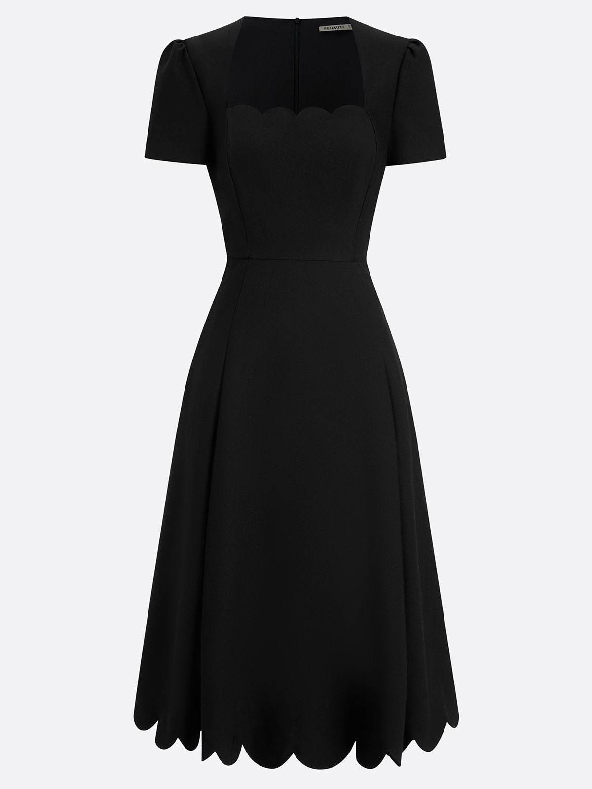 Black Asymmetric Classic Scalloped Square Neck Short Sleeve A-Line Midi Dress