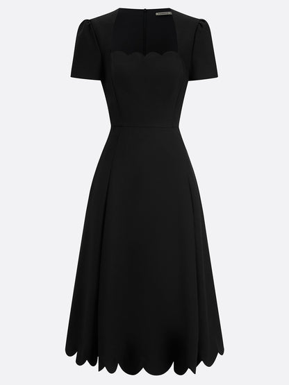 Black Asymmetric Classic Scalloped Square Neck Short Sleeve A-Line Midi Dress