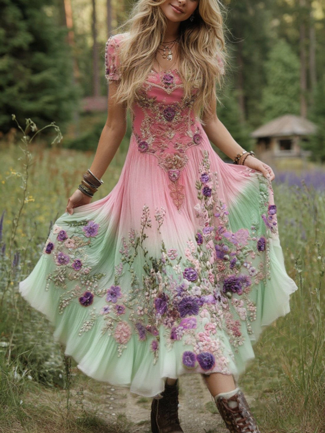 Classy Gradient Purple Lavender And Floral Embroidered Linen Maxi Dress a296