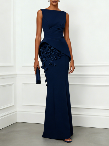 Light Blue 3D Floral Classic Boat Neck Sleeveless Sheath Gown Dress