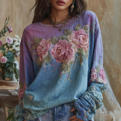 Women's Retro Bohemian Style Floral Embroidered Linen Crew Neck T-shirt