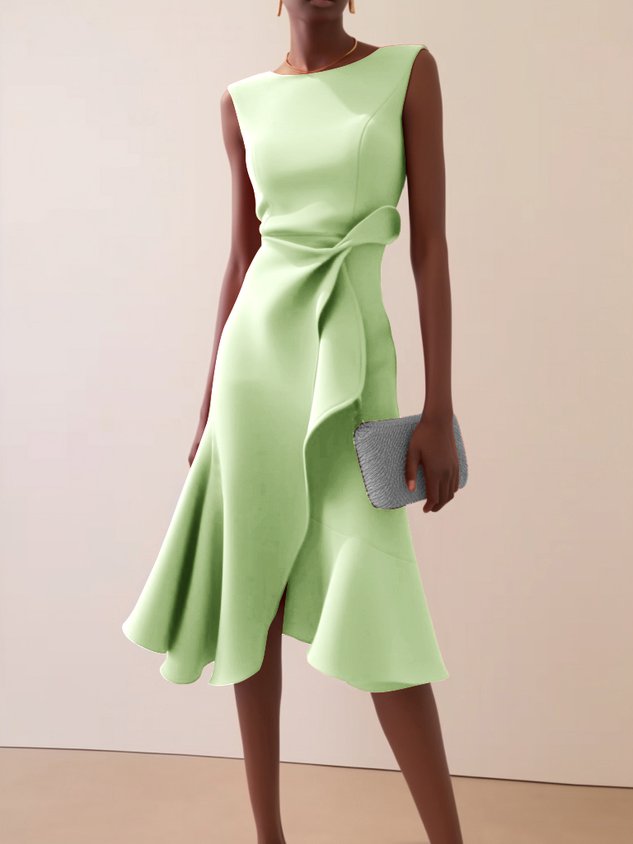 Red Asymmetric Ruffled Classic Boat Neck Sleeveless Midi Elegant A-line Dress with Waist Twist for Day-to-Night