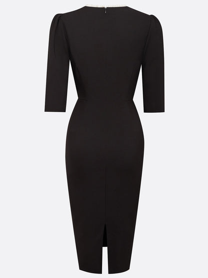 Black Faux Pearl V Neck Sheath Midi Dress