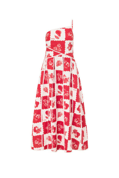 Linen Blend Unique Print One Shoulder Flared Maxi Dress