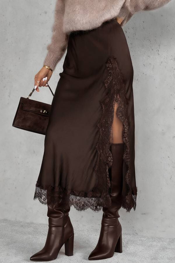 Hot Topic Chocolate Viscose Satin Midi Skirt with Lace