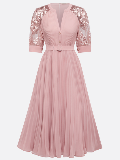 Pink Pleated Lace V Neck A-Line Midi Chiffon Dress