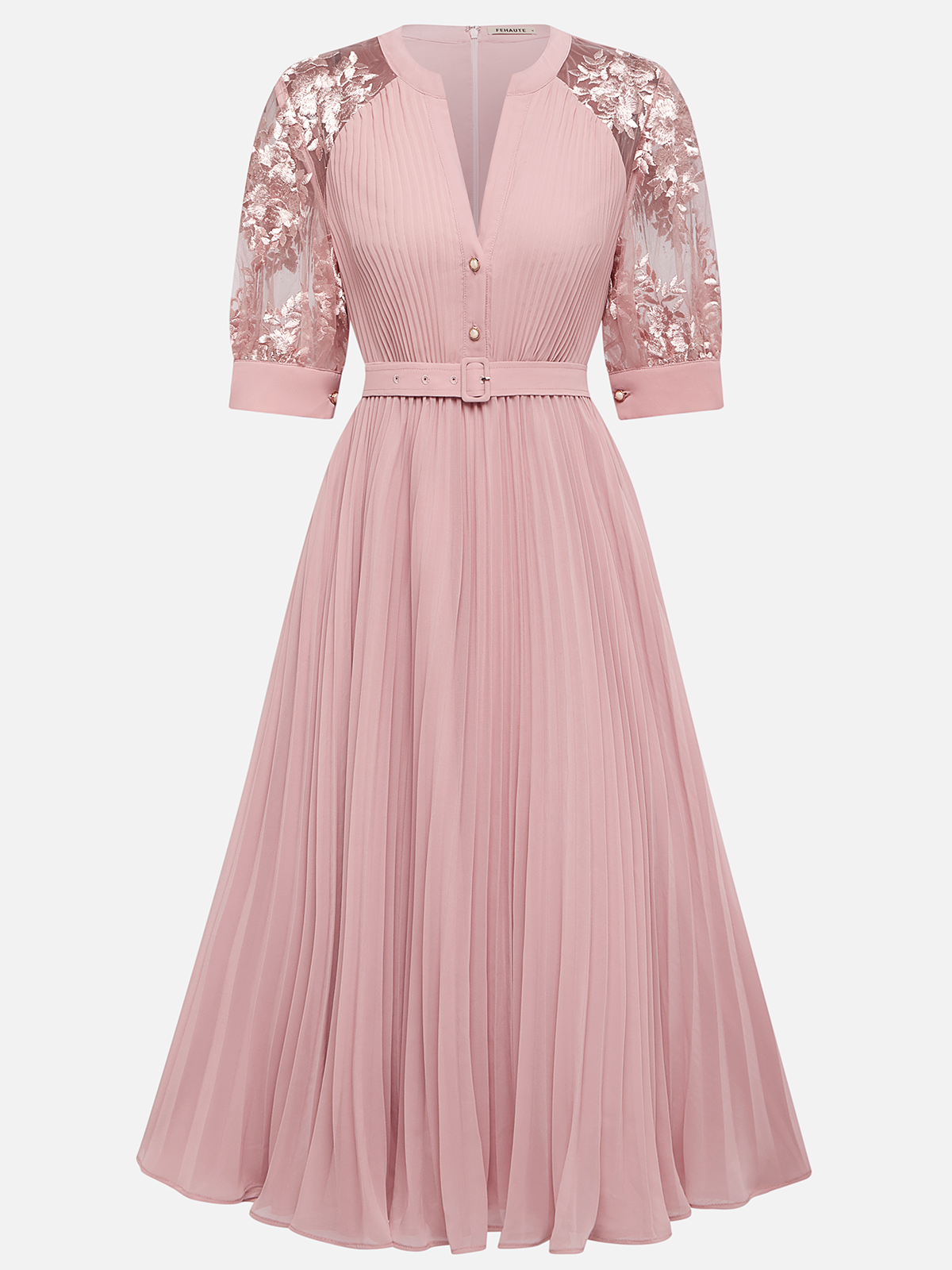 Pink Pleated Lace V Neck A-Line Midi Chiffon Dress