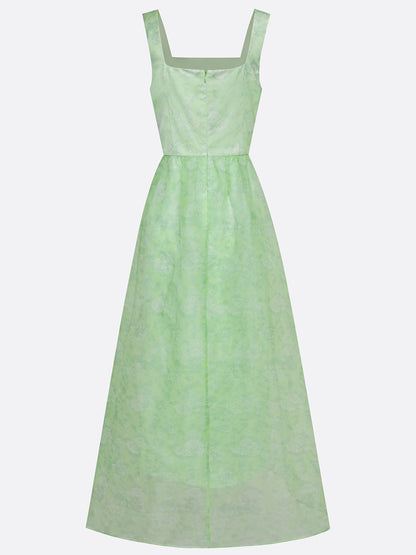 Light Green Floral Split Joint Satin Square Neck Sleeveless A-Line Maxi Dress
