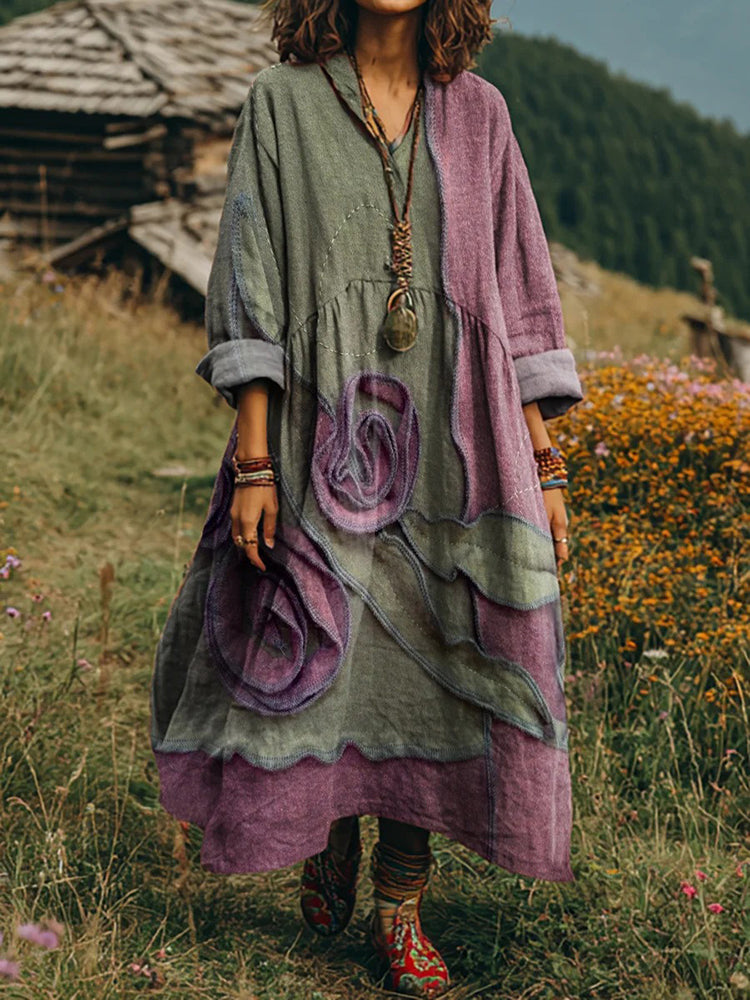 Women's Vintage Floral Art Print V-neck Long-sleeved Dress