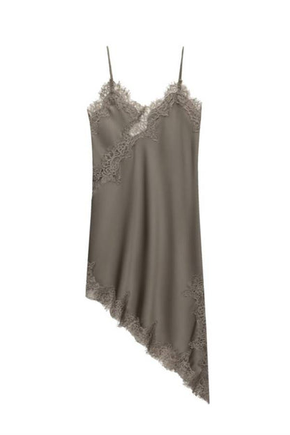Lace-Paneled Satin Slip Dress with Asymmetrical Hem