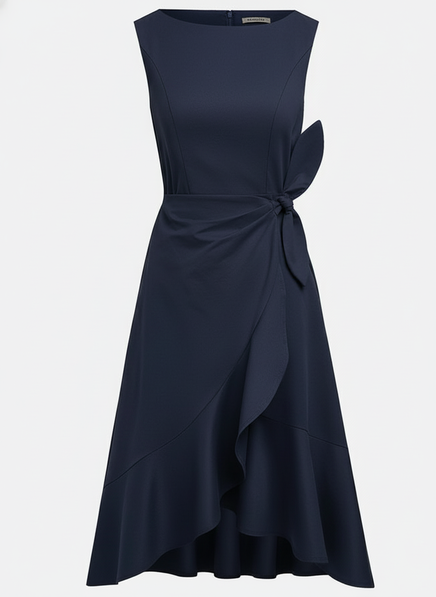 Navy Blue Asymmetric Ruffled Classic Boat Neck Sleeveless A-Line Midi Dress