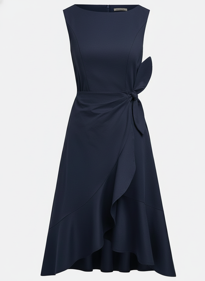 Navy Blue Asymmetric Ruffled Classic Boat Neck Sleeveless A-Line Midi Dress