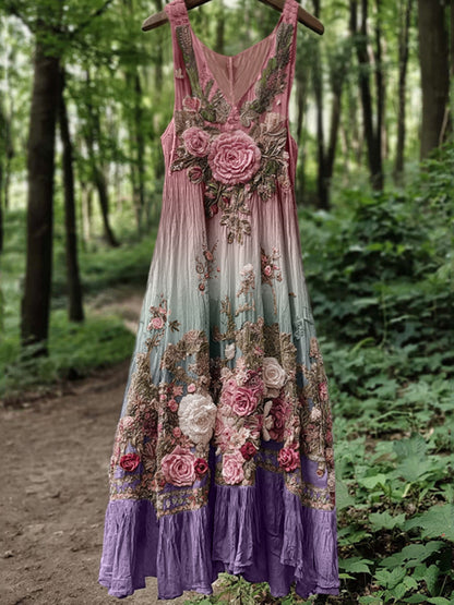 Vintage Classy Boho Gradient Pink Roses Embroidered Linen Maxi Dress 3fee
