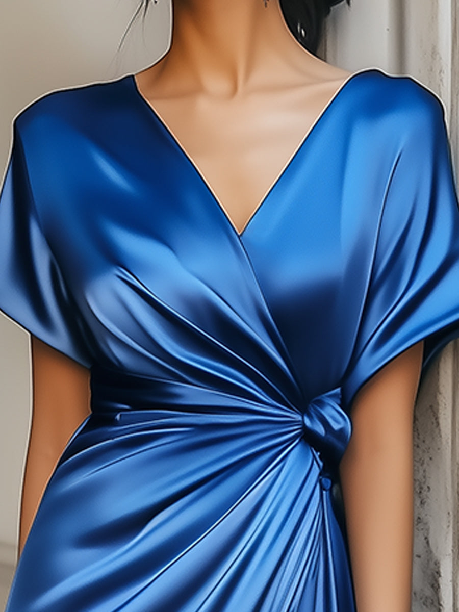 Elegant Sapphire Lace-up Satin Dress