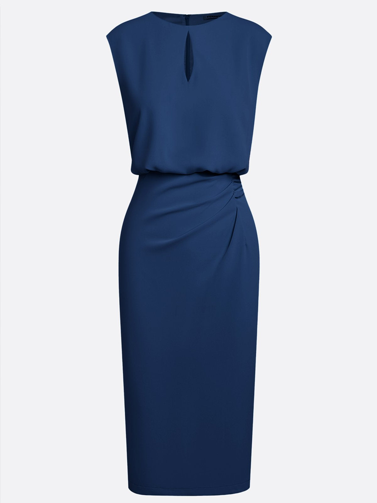Purplish Blue Ruched Cut Out Classic Crew Neck Cap Sleeve Sheath Midi Dress