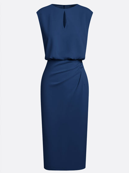 Purplish Blue Ruched Cut Out Classic Crew Neck Cap Sleeve Sheath Midi Dress
