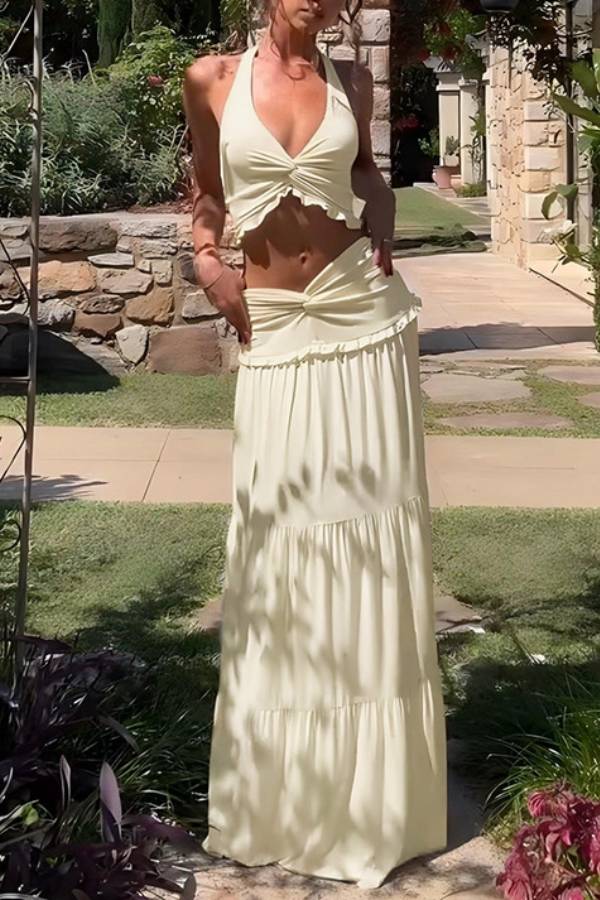 Halter Neck Twist Knot Crop Top + High-Waisted Layered Long Skirt Set