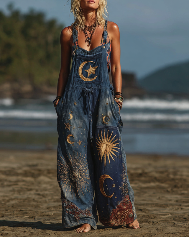 Summer Holiday Lace Handmade Star and Moon Embroidery Overalls 27fc